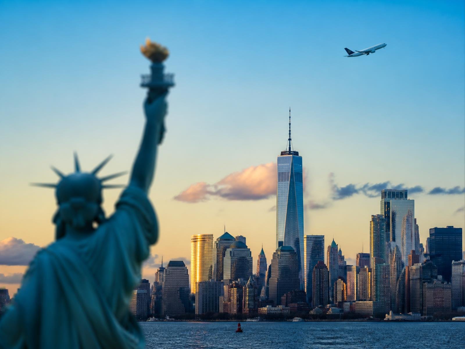New York skyline with the Statue of Liberty and a departing aircraft